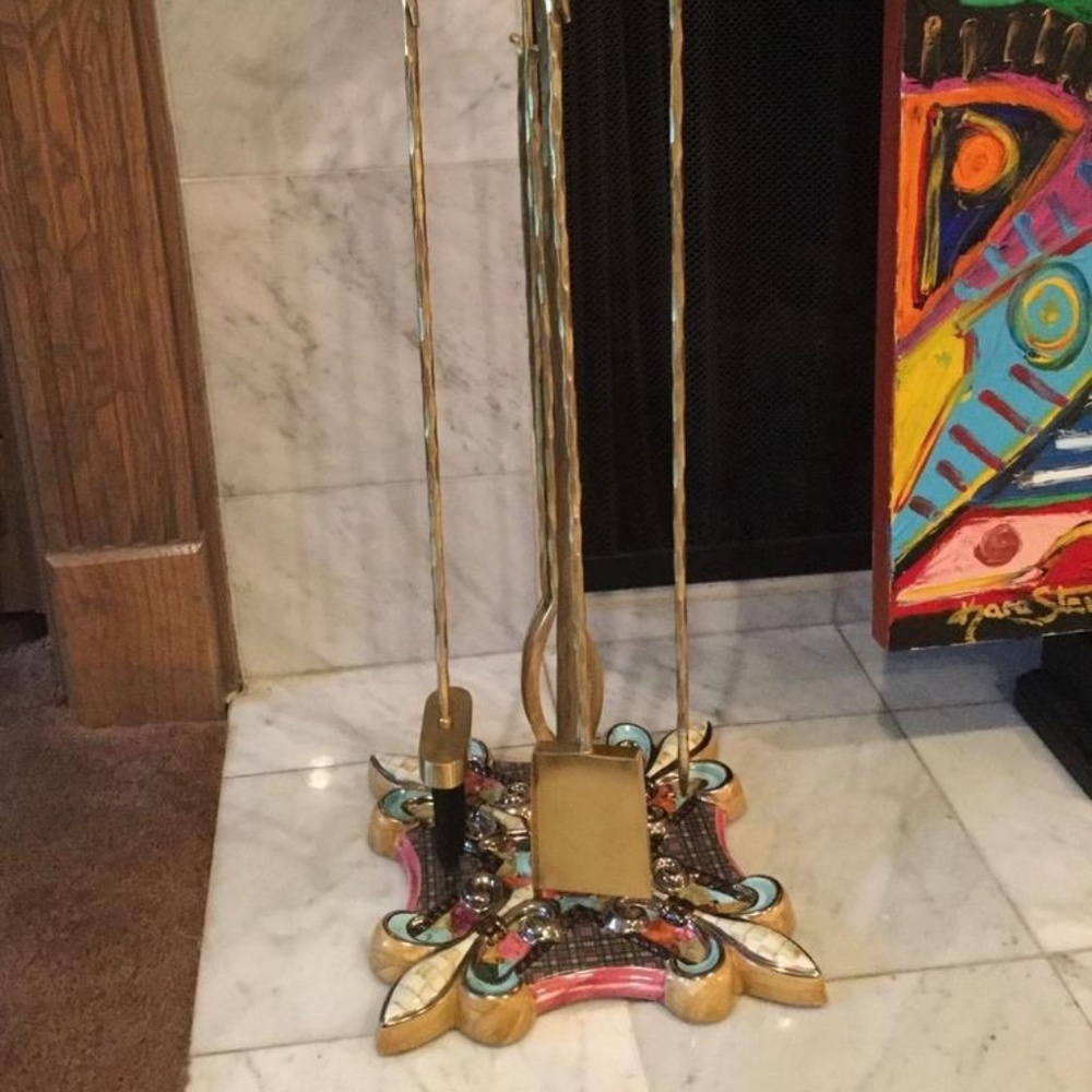 Mackenzie Childs Courtly Check "Espalier" Brass Fireplace Tool Set